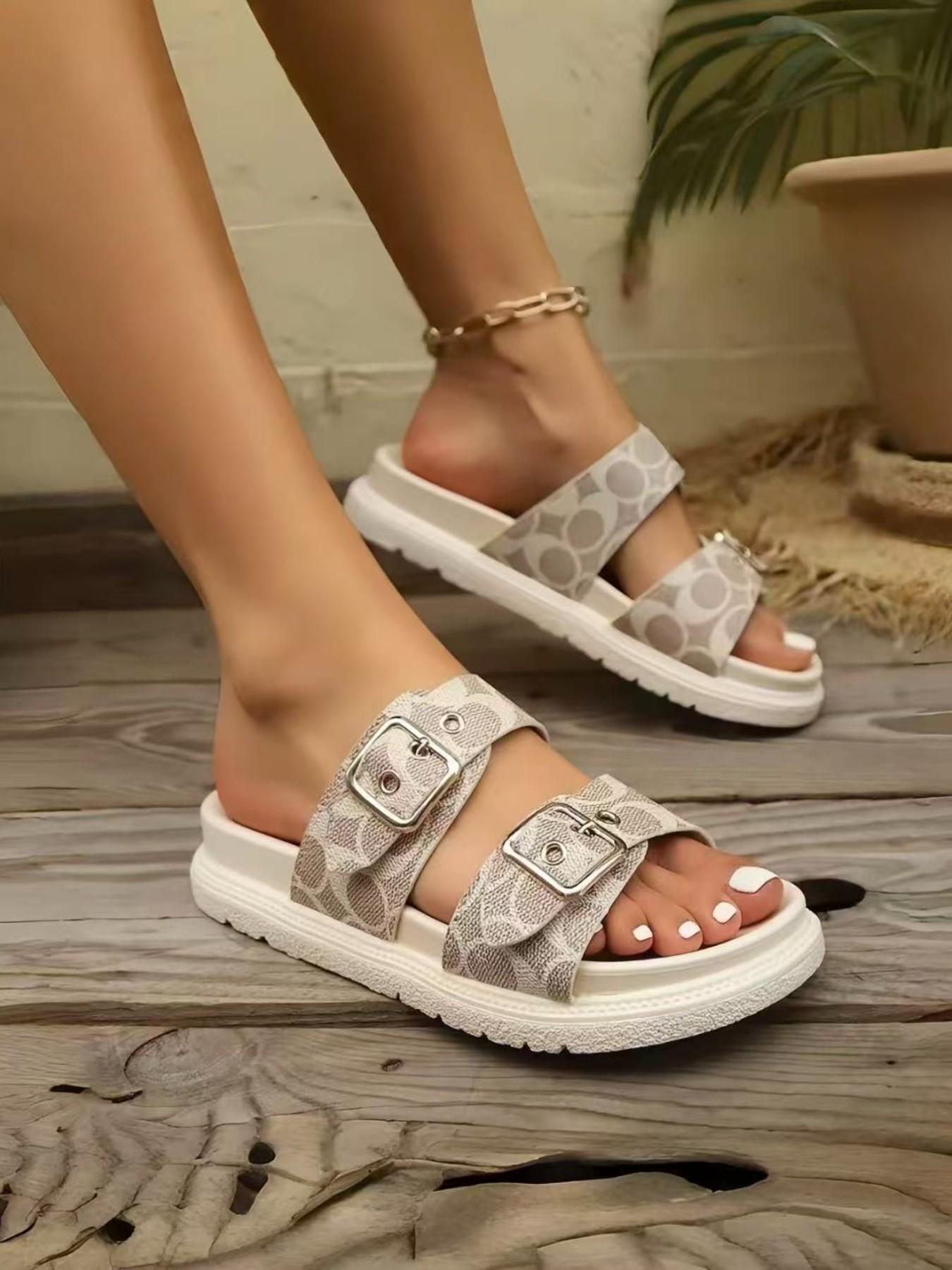 Vintage Luxury Floral Pattern Summer Sandals for Women, Two-Buckle Design, Thick Sole Rubber Slip-Ons, High-End Fashion Footwear, All-Season Wear