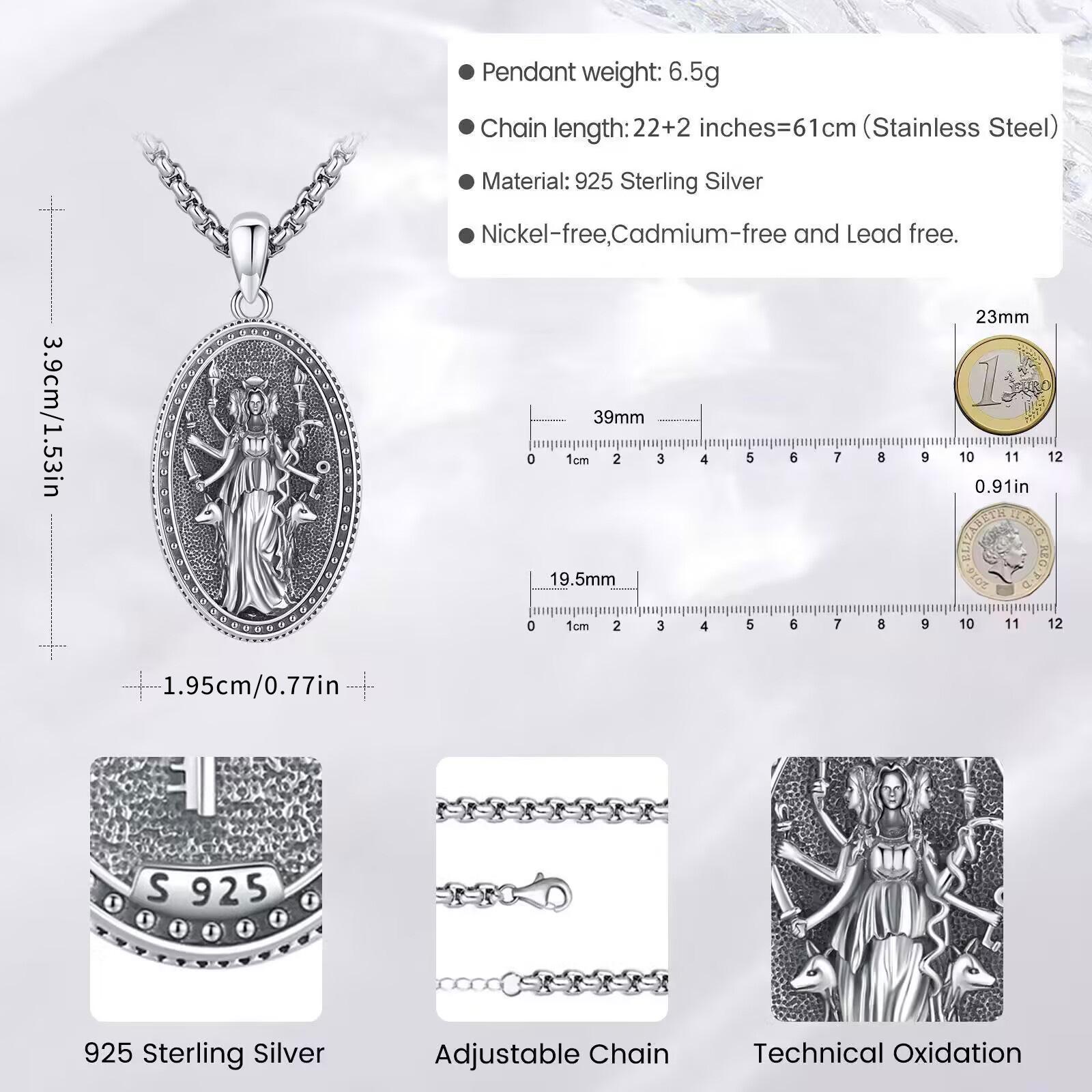 DRINSPER Hecate Necklace 925 Sterling Silver Goddess of Witches of Magic Hekate Pendant Necklace Ancient Greek Mythology Night of Hekate The Ancient Origins of the Goddess of Witchcraft and Moon Amulet Jewelry Pagan Jewelry for Women Men