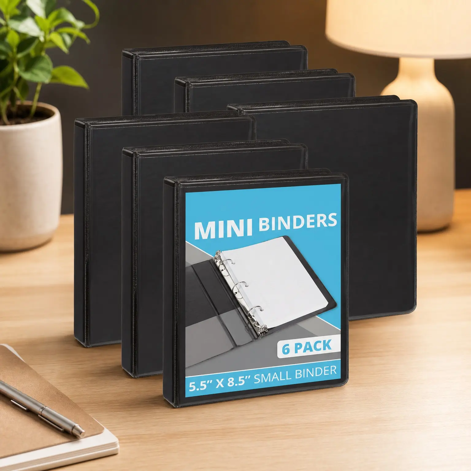 Small 3 Ring Binder for 5.5" x 8.5" Paper, Black 6 Pack, Fits Half Letter Paper, 1 Inch Round Rings, Mini Binder with Clear Pockets for Playbills, Planners, Recipes