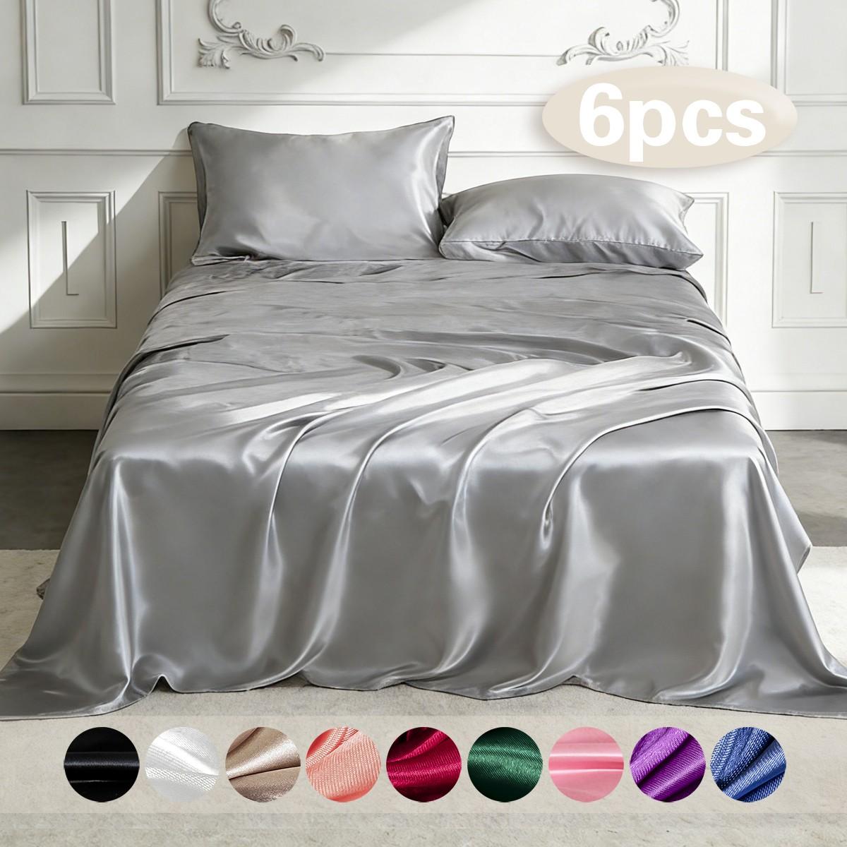 6-piece 100% polyester satin bed sheet set, including (1 fitted sheet + 1 flat sheet + 4 pillowcases), complete bedding set, solid color, machine washable - bedroom essentials, suitable for single, double, king, and queen size beds.