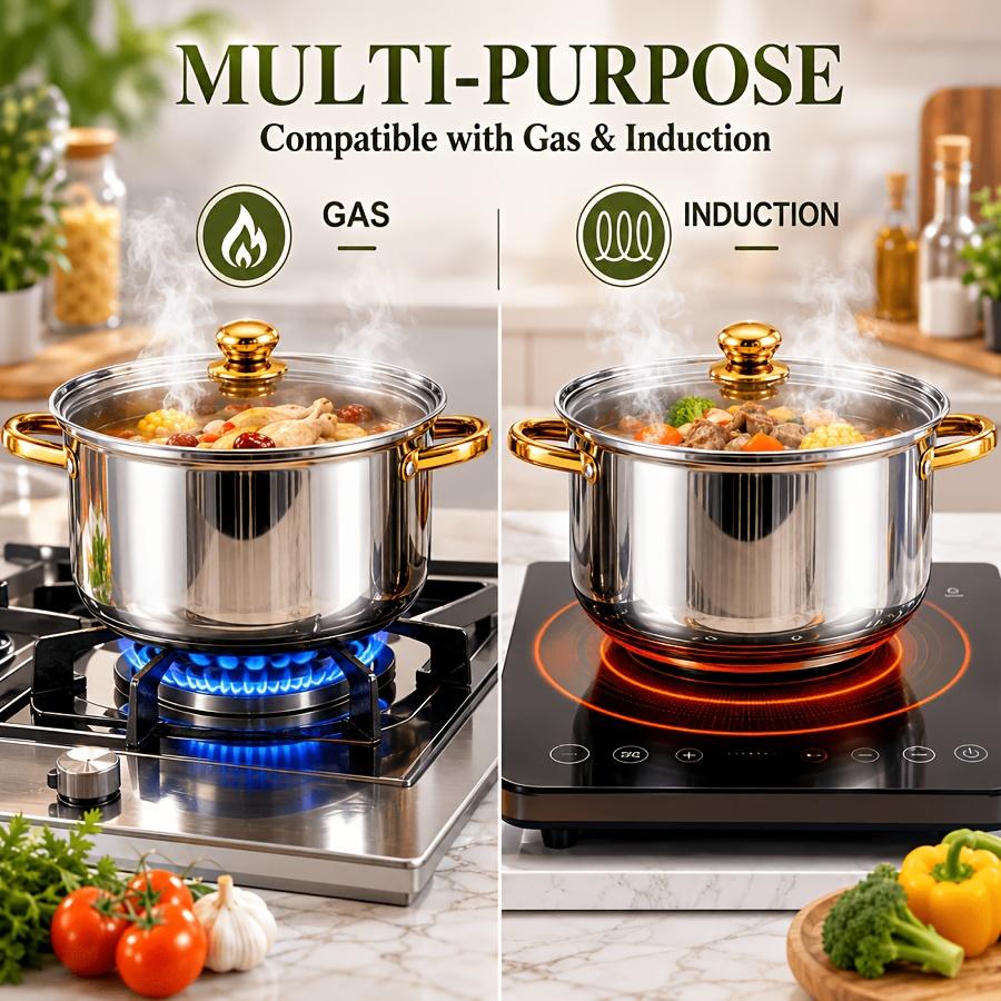 Stainless steel kitchenware set, including saucepan and frying pan set, with lid, non-toxic, oven and dishwasher safe, suitable for induction cooker, fast heating, uniform heat conduction, home cooking, gold, Non Toxic Pots And Pan Set