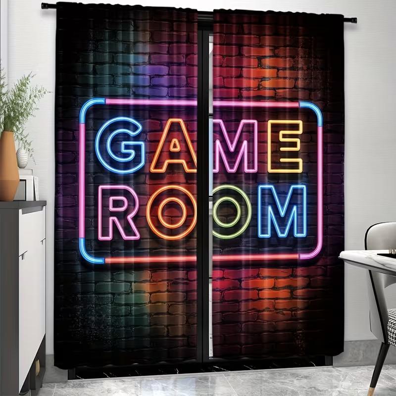 Modern Polyester Game Room Curtains, Semi-Transparent Rod Pocket Curtains, Roller Print Brick Wall Design, All Season Decor