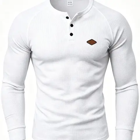 Men's long-sleeved casual waffle knit T-shirt, quick-drying shoulder slice Henley shirt, spring and autumn slim-fitting pullover, a must-have for a comfortable and well-fitting men's wardrobe
