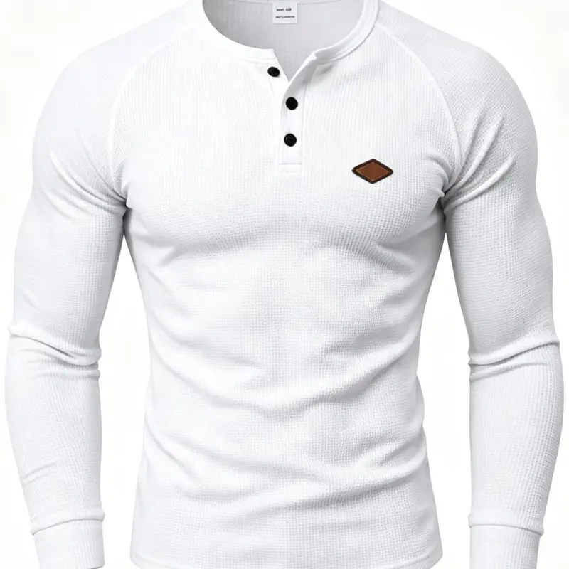 Men's long-sleeved casual waffle knit T-shirt, quick-drying shoulder slice Henley shirt, spring and autumn slim-fitting pullover, a must-have for a comfortable and well-fitting men's wardrobe