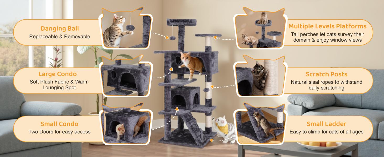 Pet Republic 55-in Multi-Level Cat Tree Tower Indoor Cat Condo for Kitten, Cozy Plush Pet Furniture W/Sisal Scratching Posts & Ladder & Dangling Balls, Dark Gray