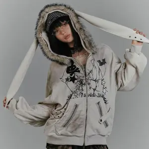 2000s American Vintage Elegant Fur Patchwork Hooded Coat Thicken Korea Zipper Streetwear Loose Y2k Jacket New Winter Women Top