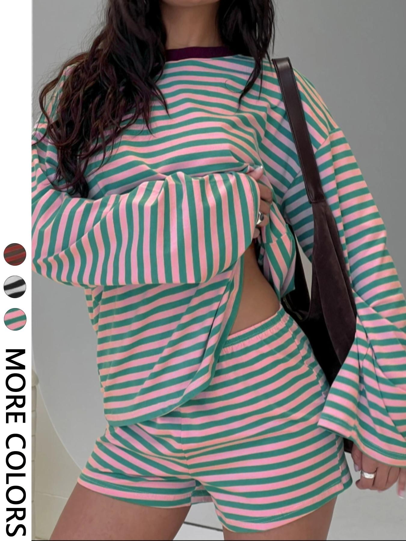 Valentine's Day Women's Casual Striped Long Sleeve Top & Shorts Set Outfit, Loose Fit, All Season, Comfortable Travel Clothing for Daily Wear