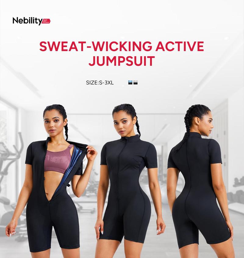Nebility Sauna Suit for Women Sweat Vest Waist Trainer 3 in 1 Full Body Shaper Workout Jumpsuit Sauna Wear Sports Slim Fit Athletic Training Apparel Gym Clothes Sauna Suit Set Gym Top Sports Slim Fit