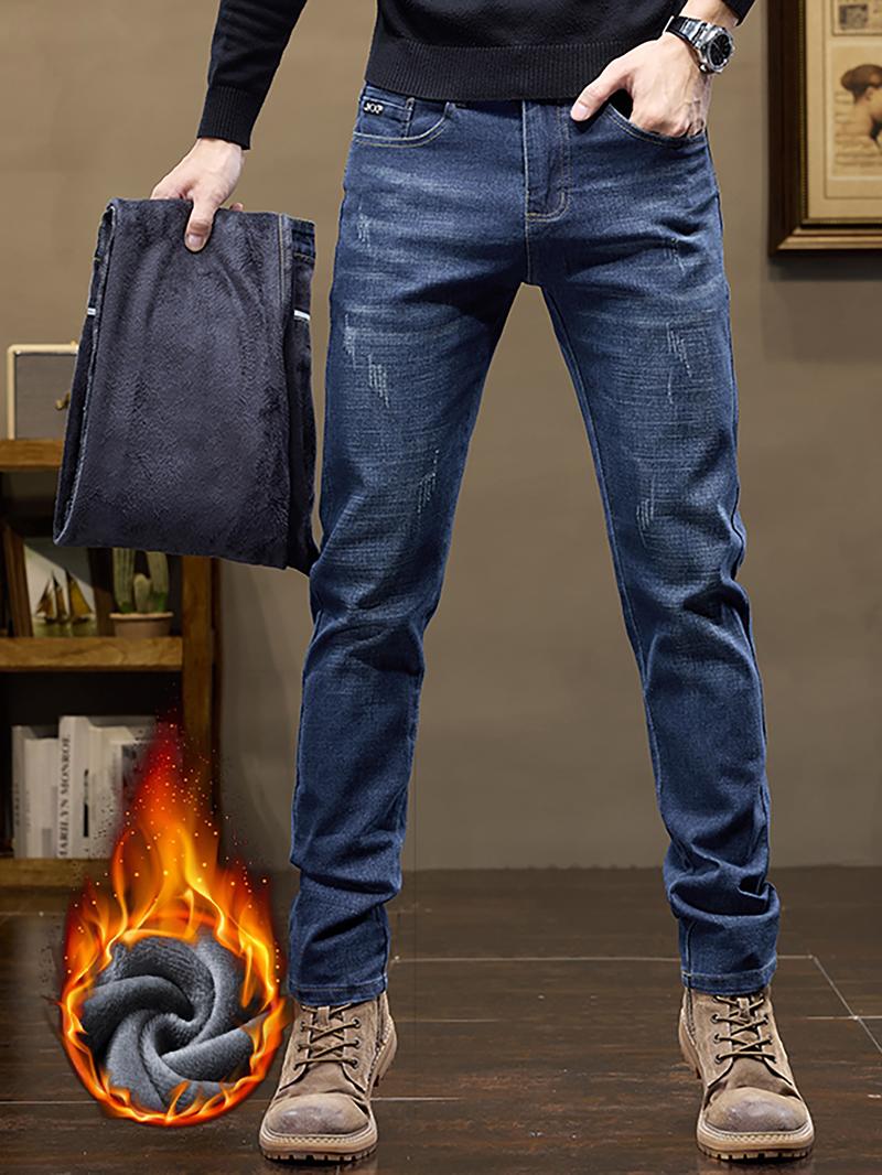 Men's Washed Denim Jeans, Thickened Fleece Lined Straight Leg Casual Pants, Fall Winter Fashion, Slimming & Height-Enhancing Design