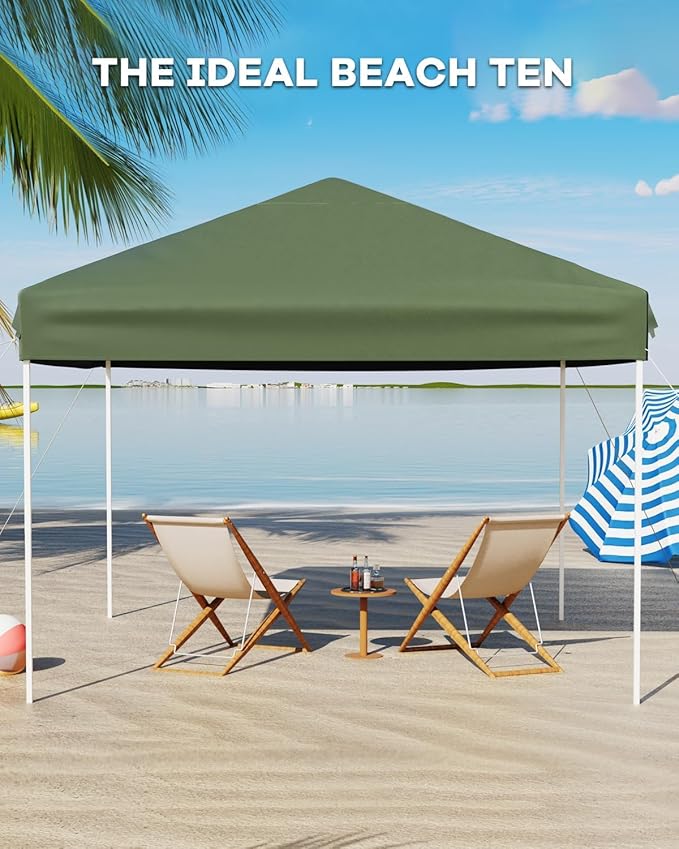 10x10 Pop Up Canopy Tent with 3 Sidewall Heavy-Duty 210D Oxford Fabric & Rust-Proof Frame - 3 Adjustable Heights, Roller Bag, 4 Sandbags - UV Protection for Beach, Party