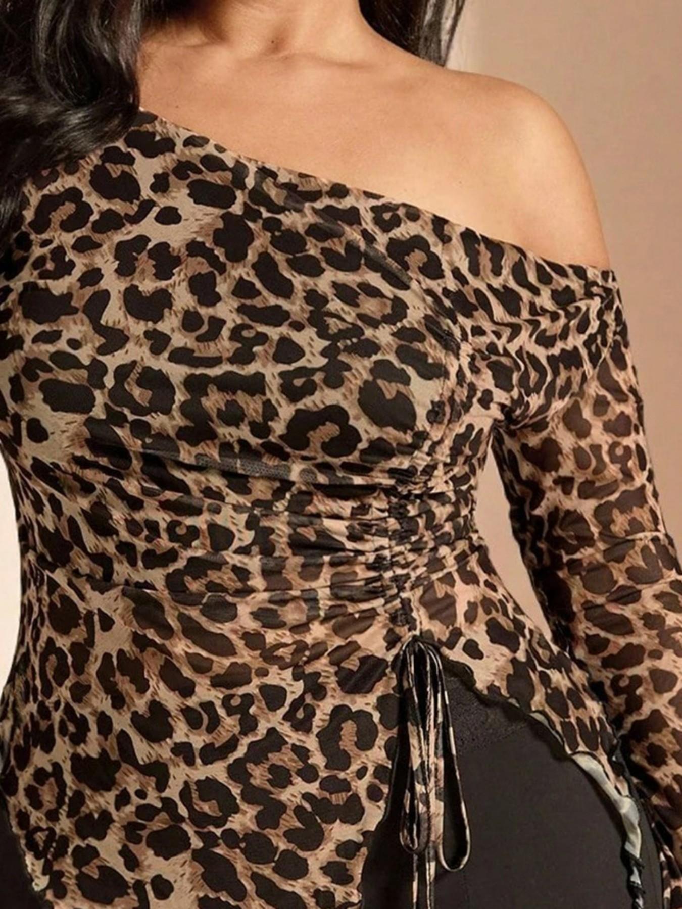 Plus Size Leopard Print Asymmetrical Drawstring Ruched Long Sleeve Top, Sexy Y2K Street Style Mesh Shirt, Perfect for Parties and Daily Wear
