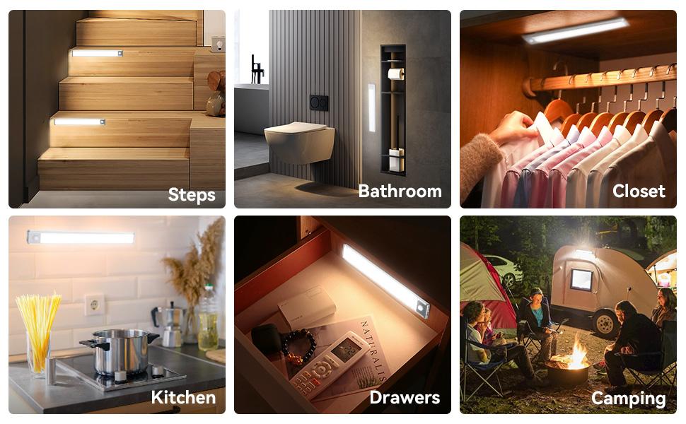 LED Under Cabinet Light, Bright Motion Sensor Light Indoor, Stick-on Magnetic Closet Light, Under Counter Lights, Wireless USB Charging, 48 LED Night Lights for Kitchen, Wardrobe (2 Packs)