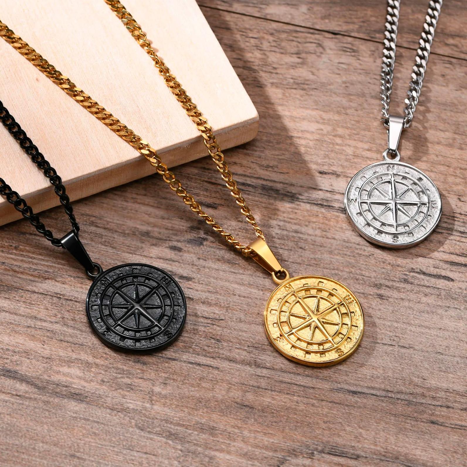 Silver Color Mens Compass Necklaces,Vintage Viking North Star Anchor Medal,Stainless Steel Pendant for Male Boyfriend Dad Gift