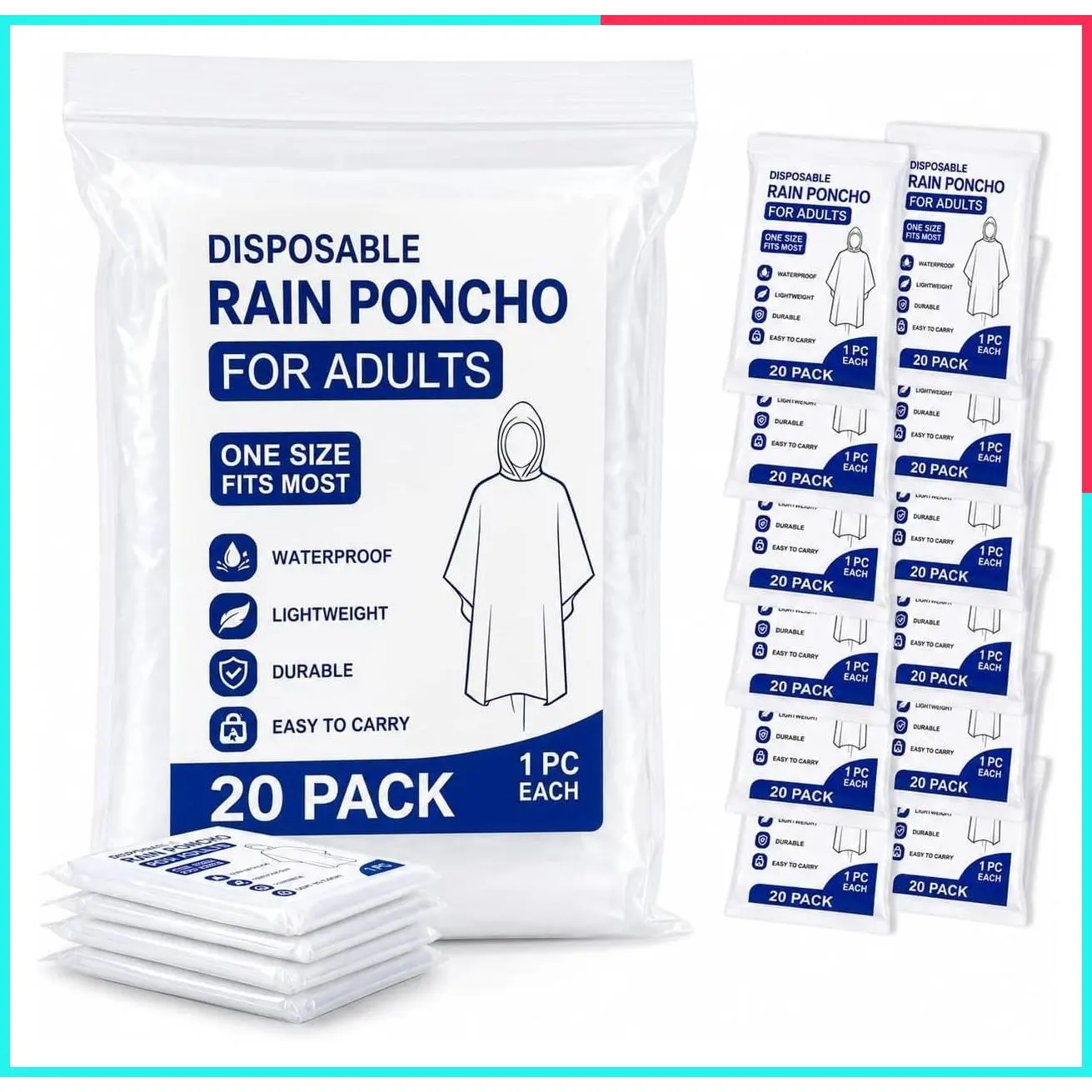 Disposable Waterproof Hooded Rain Ponchos for Adults, One Size, Bulk Pack for Travel, Festivals & Emergencies