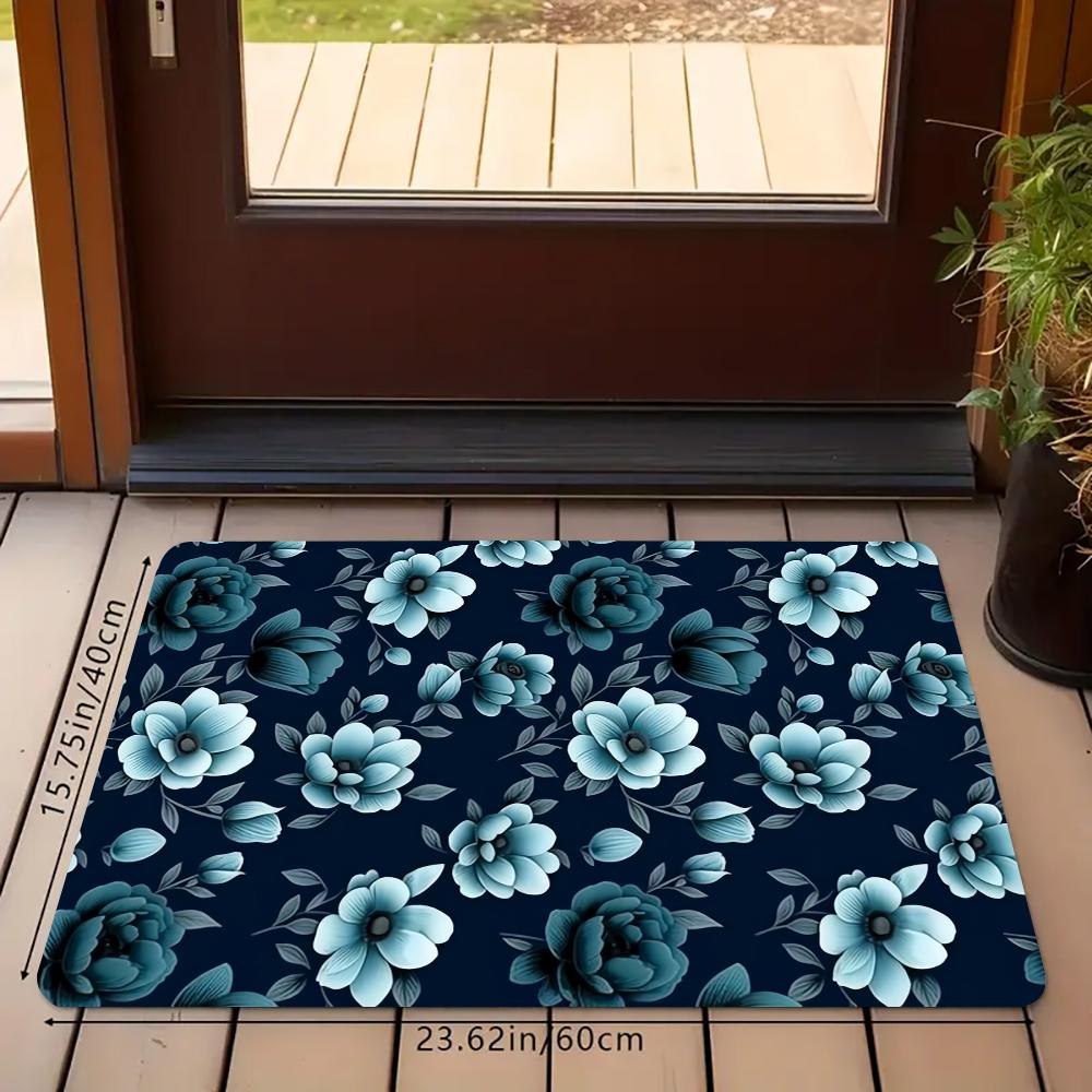 Blue Floral Kitchen Mat, Watercolor Rose Flower Non-Slip Washable Floor Mats, Aesthetic Botanical Runner Rugs for Kitchen, Living Room & Home Decor