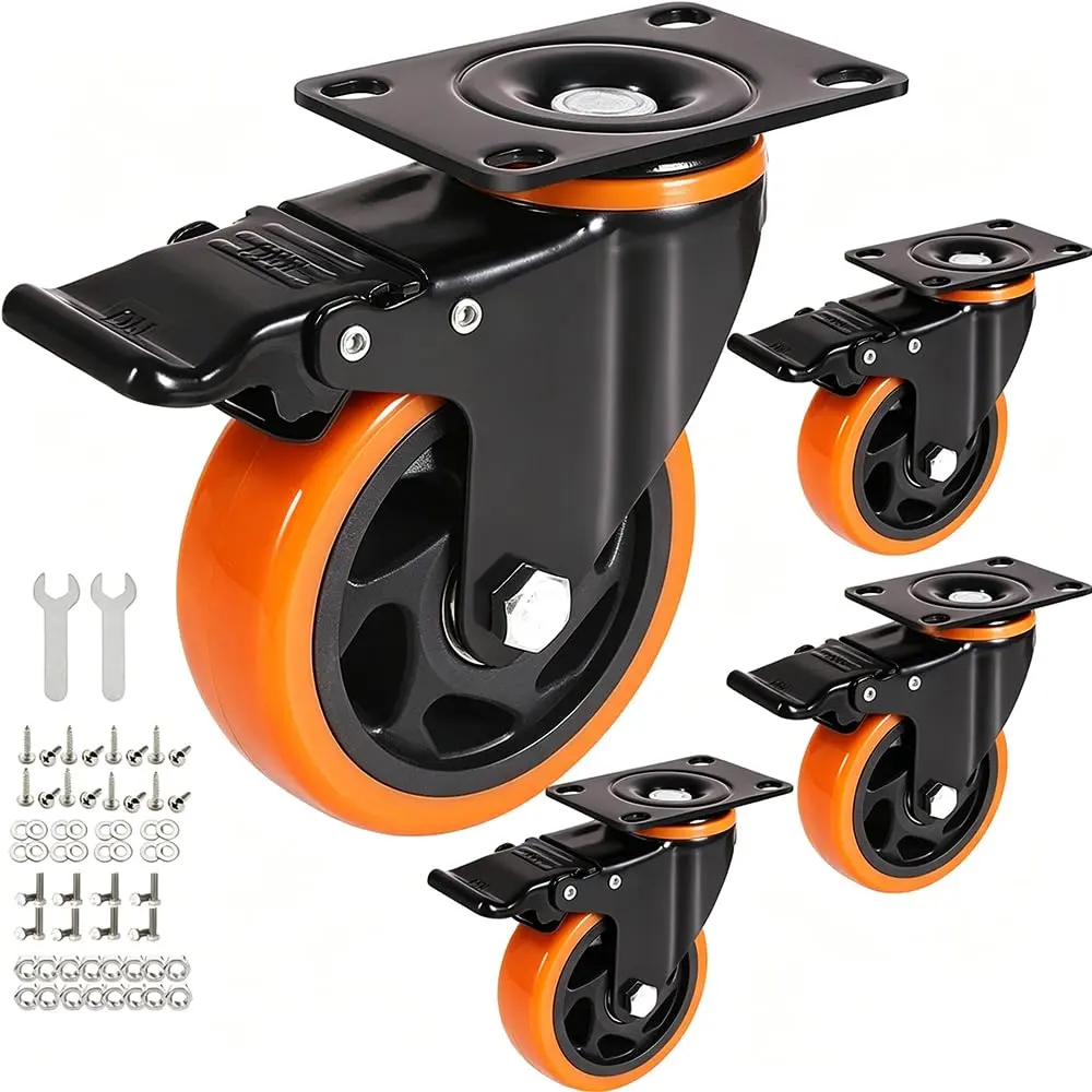 4" Casters Set of 4, Heavy Duty Casters with ,   Locking casters, No Noise Wheels with Polyurethane , Load 2400LBS