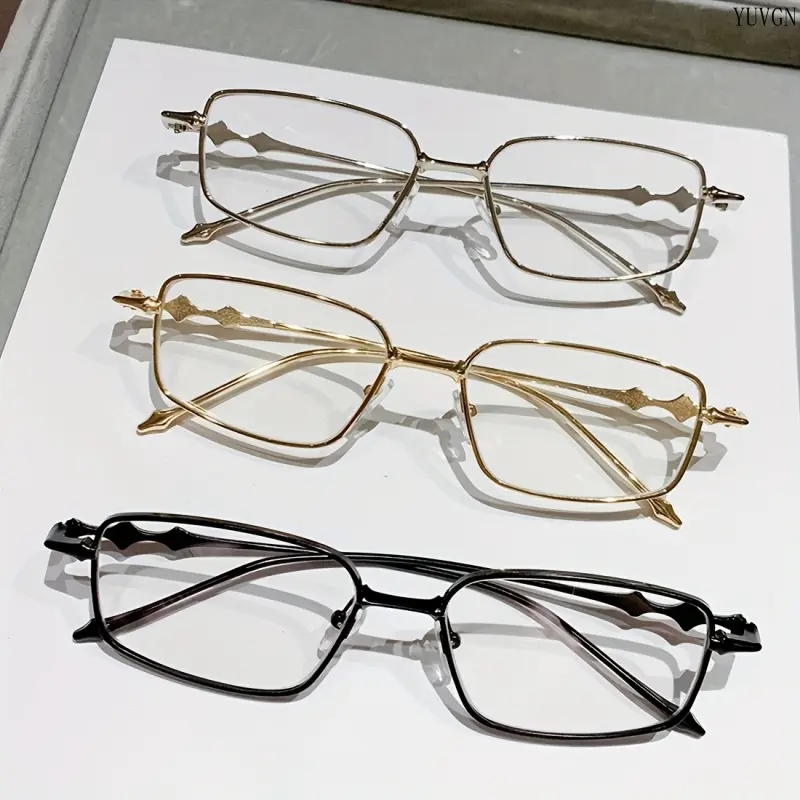 3PCS Metal Rectangle Eyeglasses Frame Set for Women Men, Lightweight Full‑Rim Clear Lens Glasses, Retro Wave Decor Temple Optical Spectacles, Fashion Non‑prescription Frames for Daily Office Casual Wear