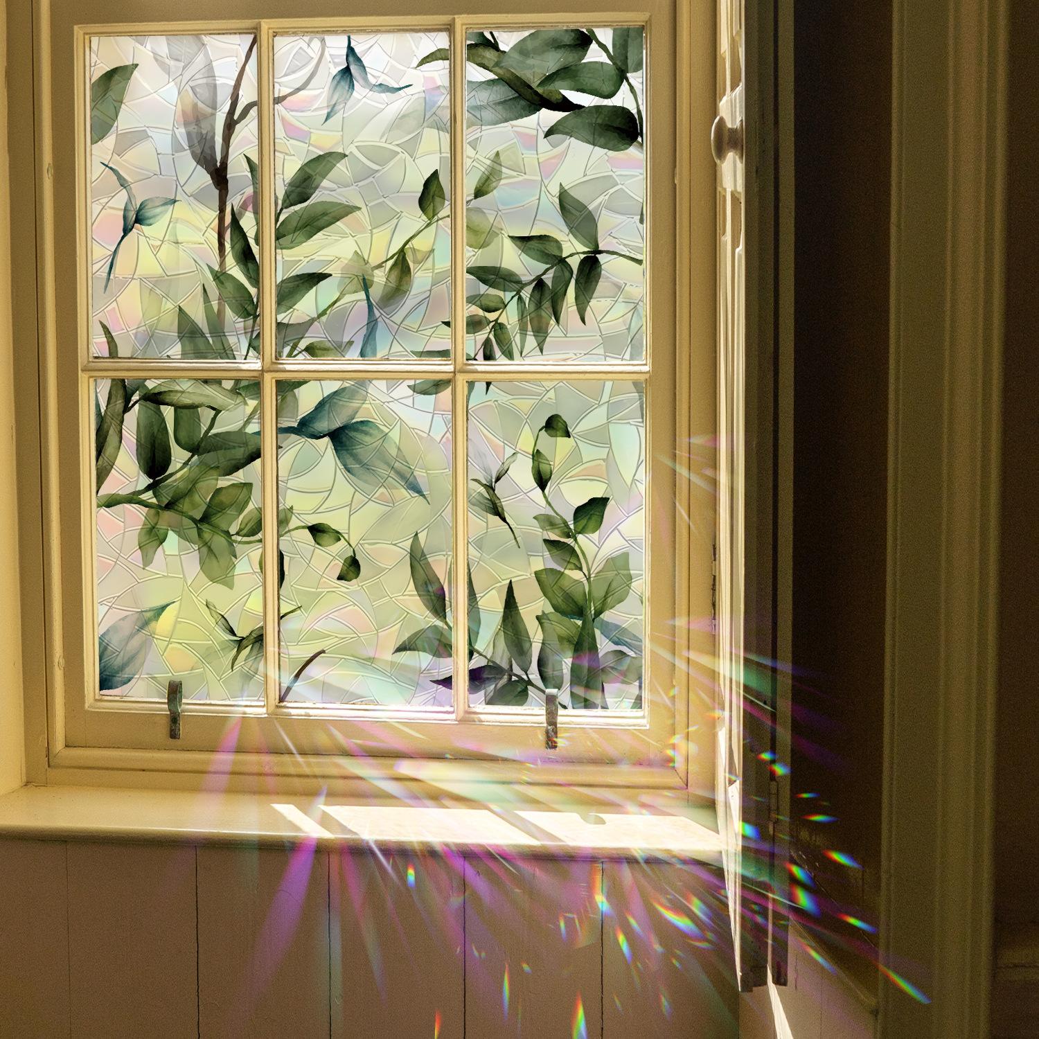 Leaf Laser Window Sticker, Spring Summer Fresh Style Decorative Static Window Sticker, Glue-Free Electrostatic Glass Decoration Film