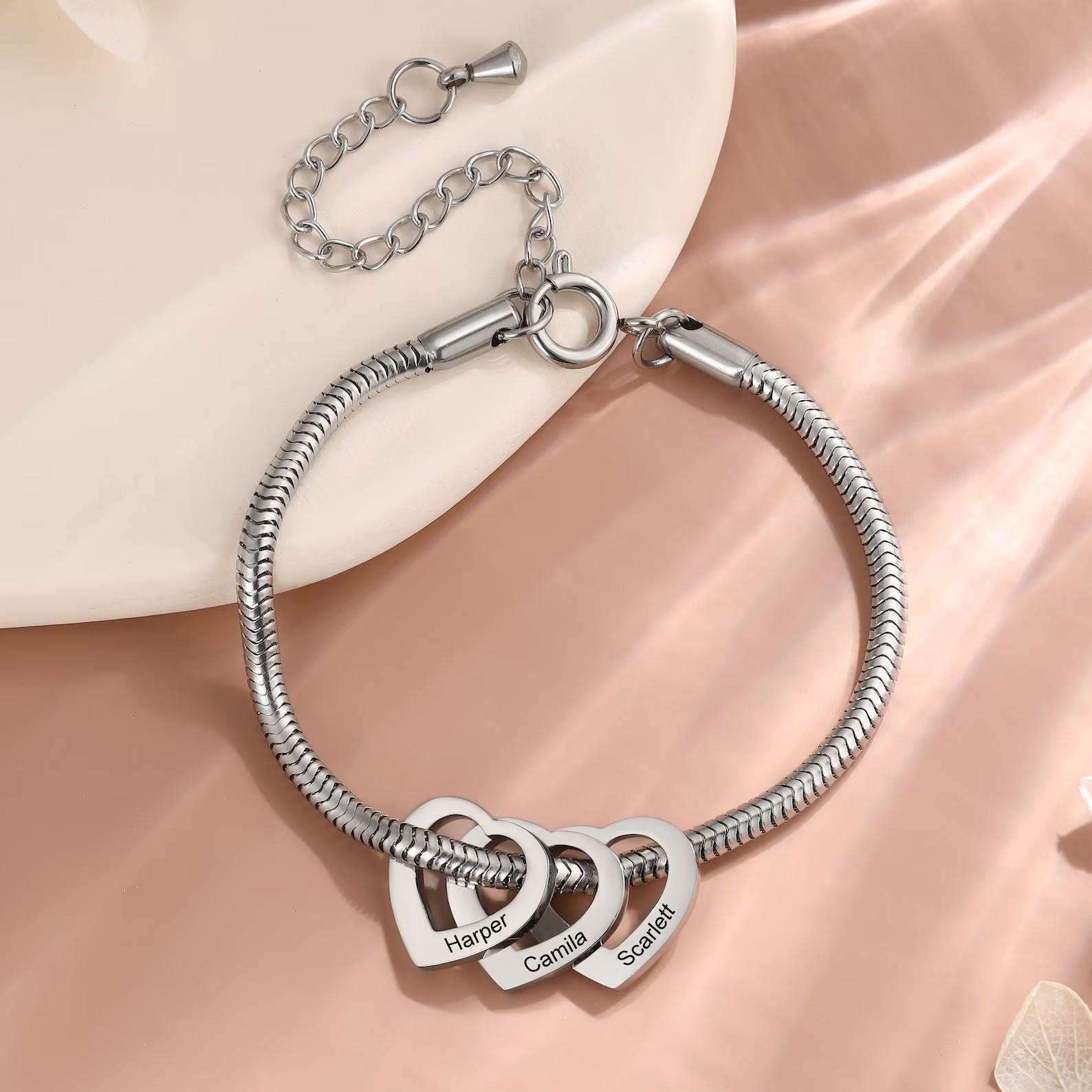 AS976 Personalized Mom Bracelet with Kids Names, Custom Heart Charm Bracelet, Engraved Name Jewelry,  Gift for Mom Grandma