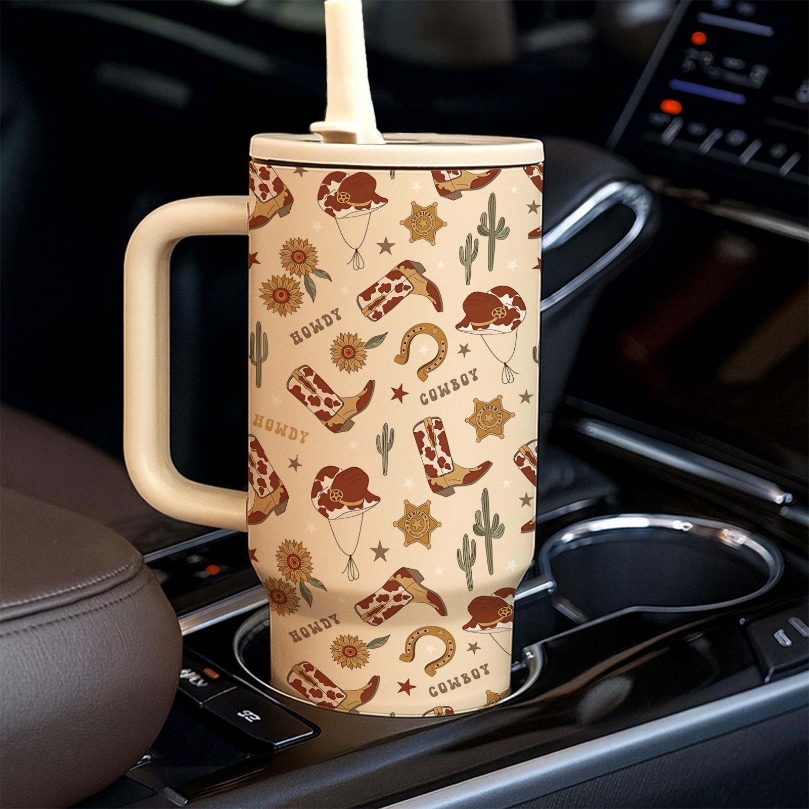 1 Pc 40oz Western Cowgirl Insulated Mug Tumbler, Cowboy Style Thermal Cup With Handle, Double Wall Stainless Steel, Stainless Steel Drinkware, Leak Proof For Hot Cold Drinks, Keep Warm 12 Hours Cold 24 Hours, Western Aesthetic Gift For Women Men