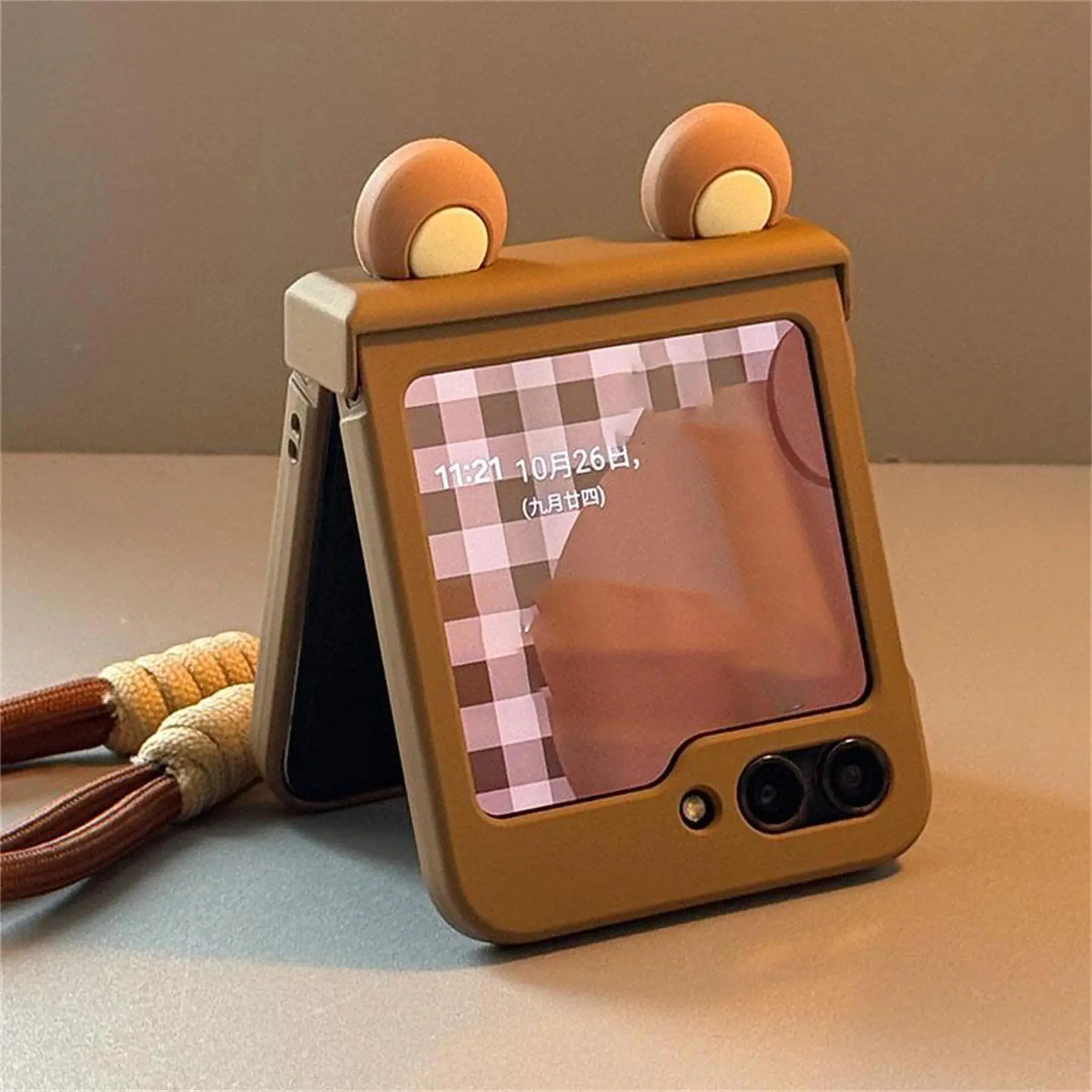 Ins Sweet Korean Bear Ears Brown Case with Portable Rope for Samsung Galaxy Z Flip8 7 6 5 for Motorola Razr 70ultra 60 Cover