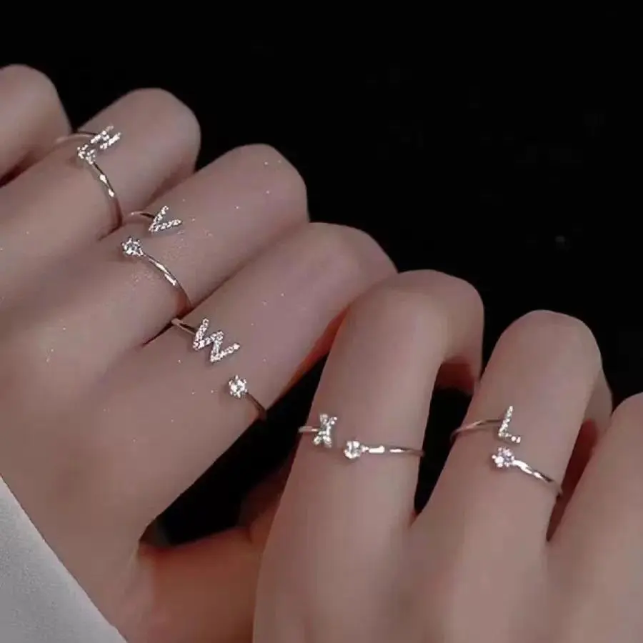 Unisex Initial Letters A-Z Adjustable Fit Engagement Ring, Fashion Jewelry Gift for Weddings