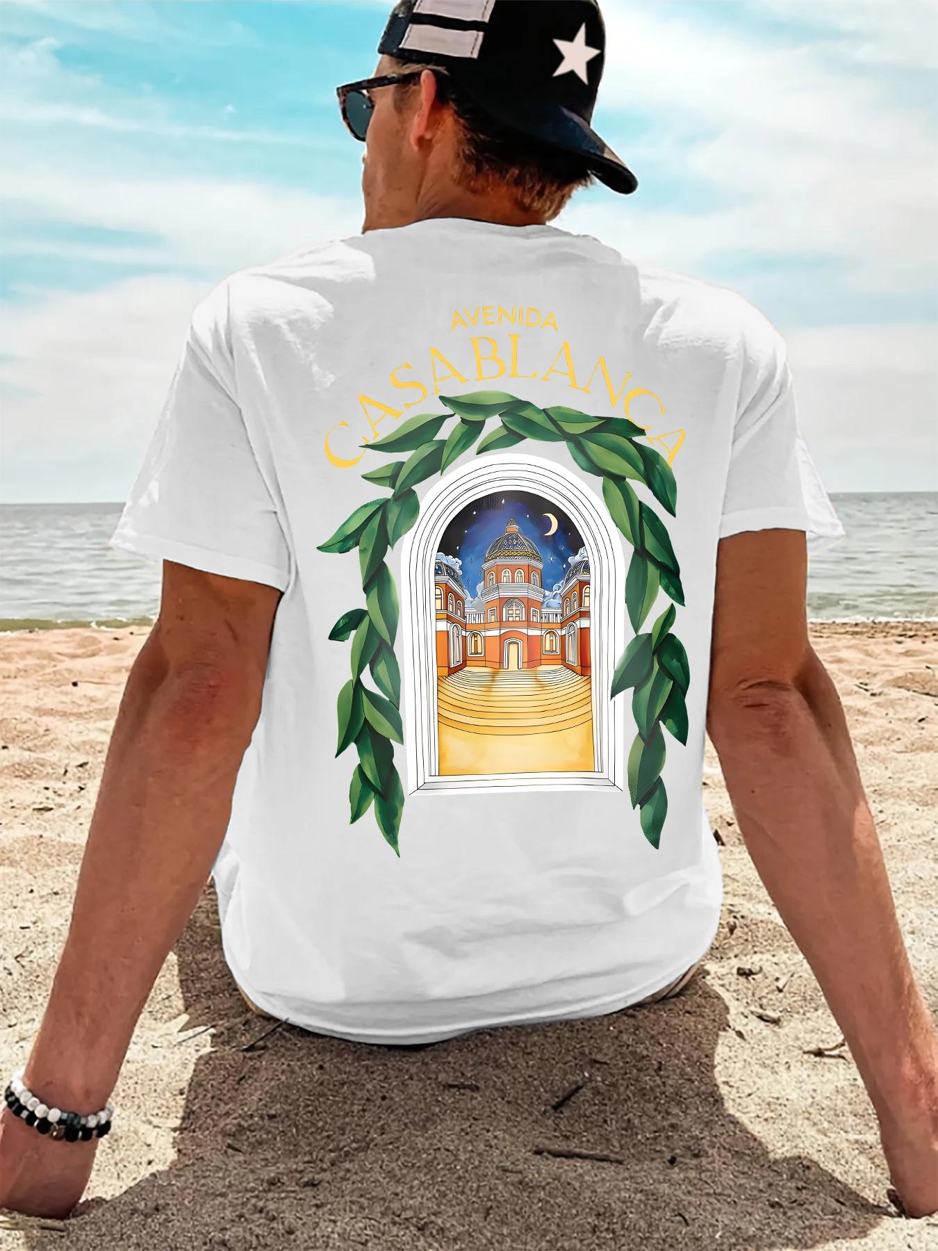 Men's Breathable T-Shirt New Style Soft Comfortable Casual with AVENIDA CASABLANCA and Building Pattern for Spring Summer