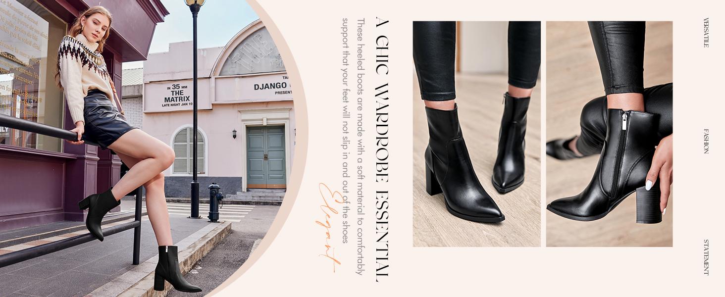 Coutgo Women's Pointed Toe Ankle Boots Chunky Stacked Heel Side Zipper Faux Leather Ankle Booties