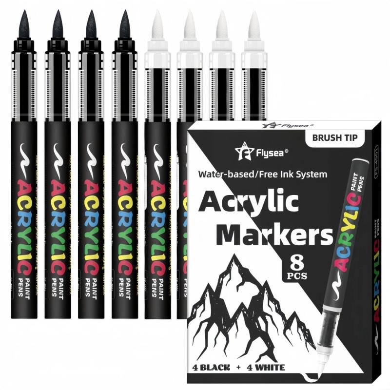 Acrylic Paint Pens Black and White, Automatic Ink Control System,Soft Brush Tip Markers,for Canvas, Rock, Wood, Stone, Glass, Ceramic, Fabric Painting, DIY Crafts, Art Marker Set