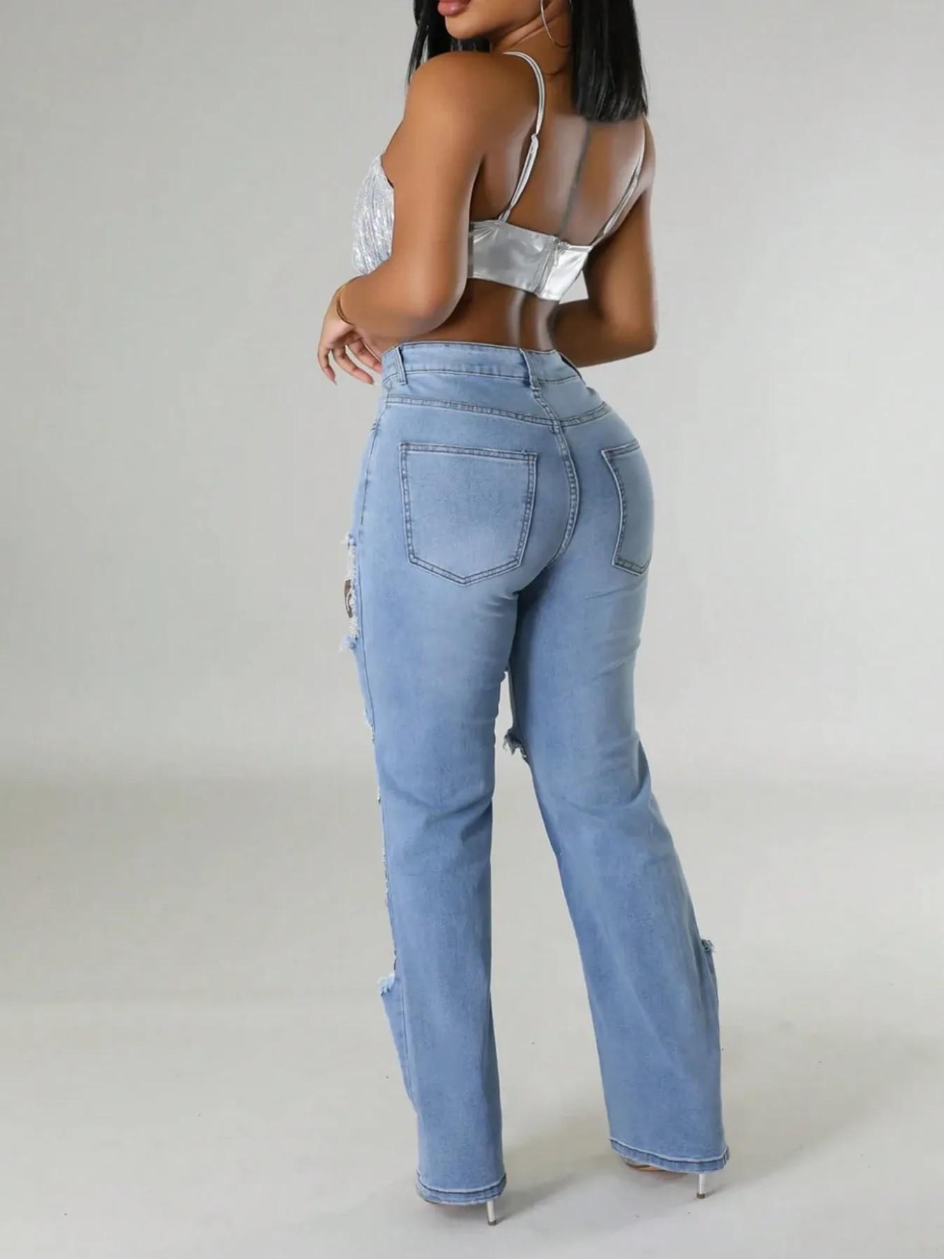 Women's Ripped Straight Leg Jeans, Pearl Chain Embellished Cutout Denim Jeans, Aesthetic, Perfect for Daily Wear and Party