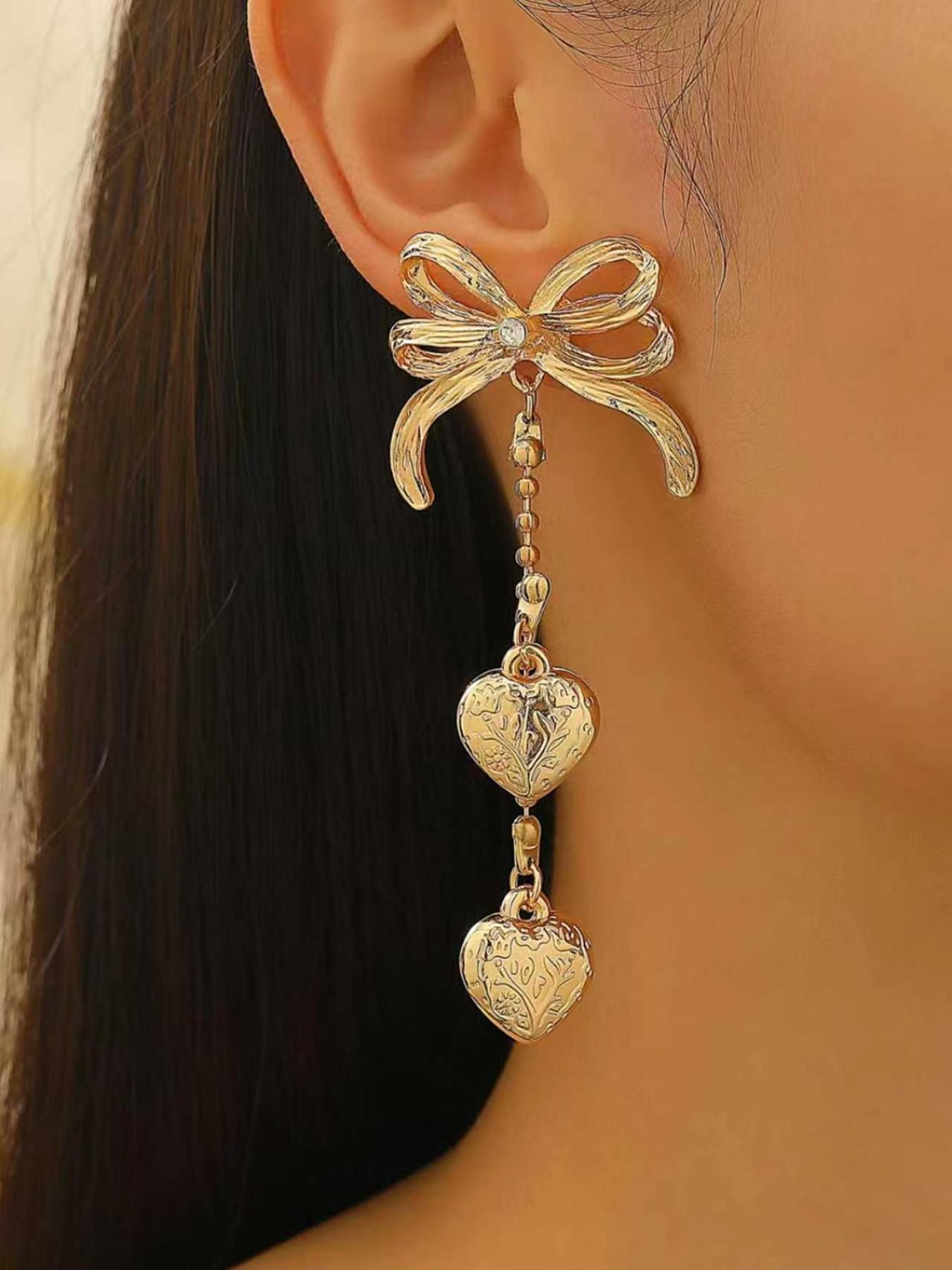 Elegant Butterfly Knot Drop Earrings, Heart Pendant, Star Moon Design, Classic Women's Jewelry, Perfect for All Seasons, Ideal for Holidays