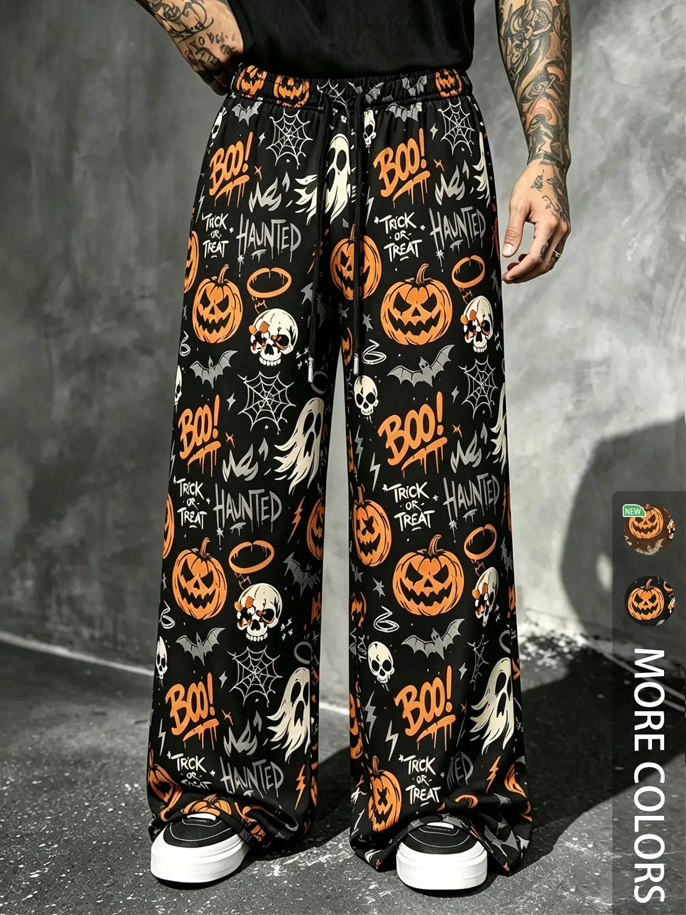 Men's Halloween Pumpkin Ghost Print Wide Leg Pants, Loose Drawstring Casual Long Pants, Perfect for Halloween Parties, Streetwear, Daily Wear
