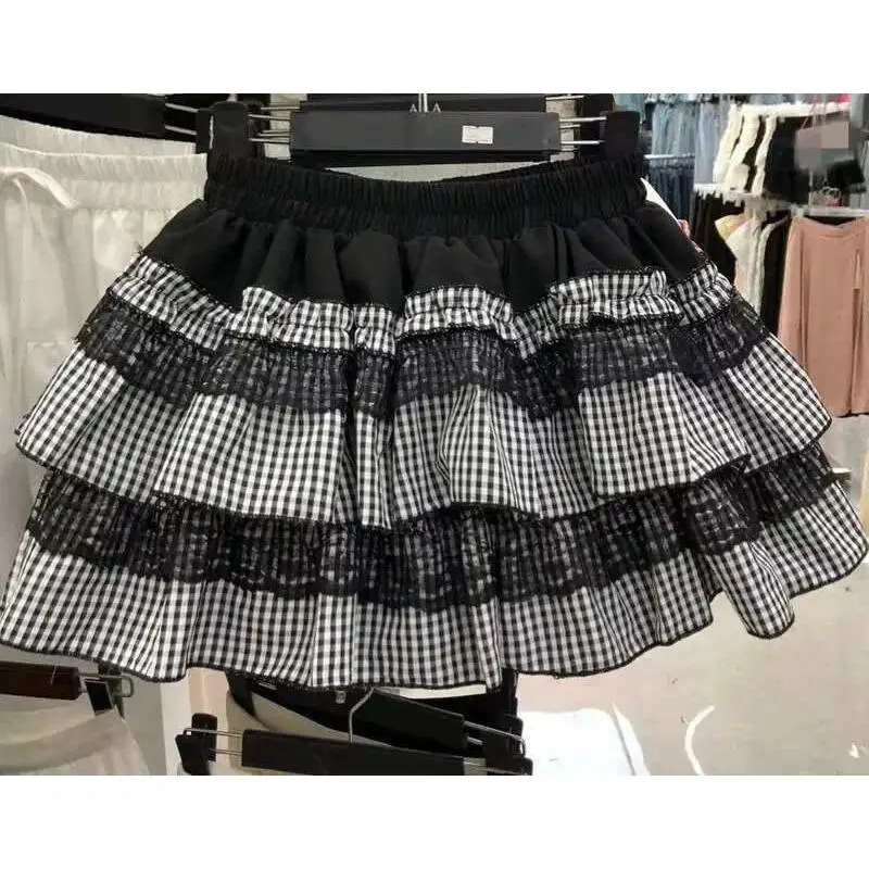 2025 Spring Summer Sweet Cute Lace Patchwork Plaid Cake Short Skirt With Shorts Womem Korean Japan Preppy Style Skirts