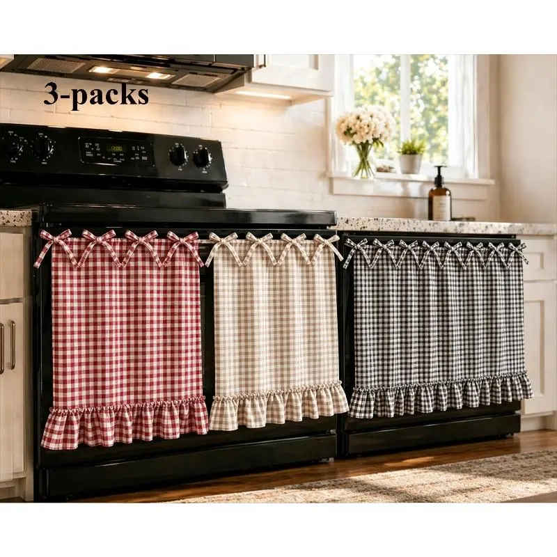 Reversible Thick Weave Nylon Fabric Oven Door Skirt - Premium Ruffled Curtain with Ribbon Ties, Farmhouse Look Kitchen Decor, Handmade Oven Protection Cover for Camping Use