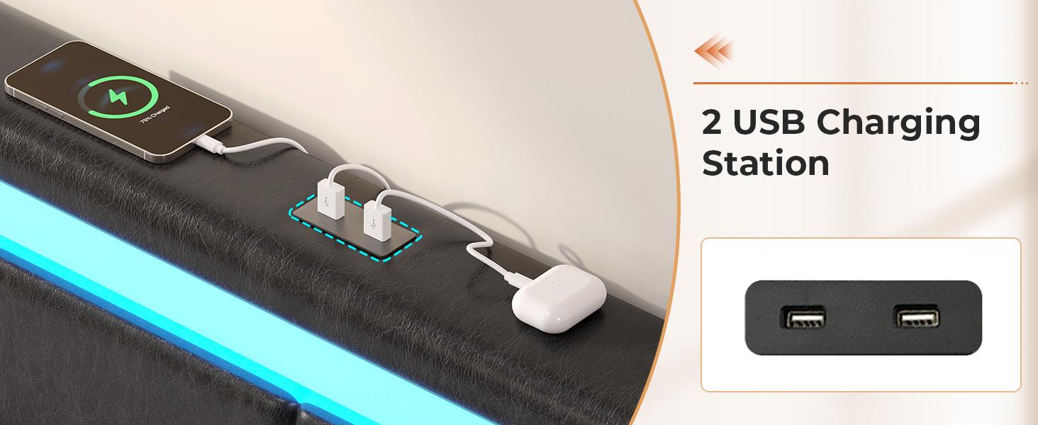 Sikaic Queen Size Faux Leather Platform Bed Frame with Storage Drawers, LED Bed Frame with Charging Station, Black Adjustable Headboard