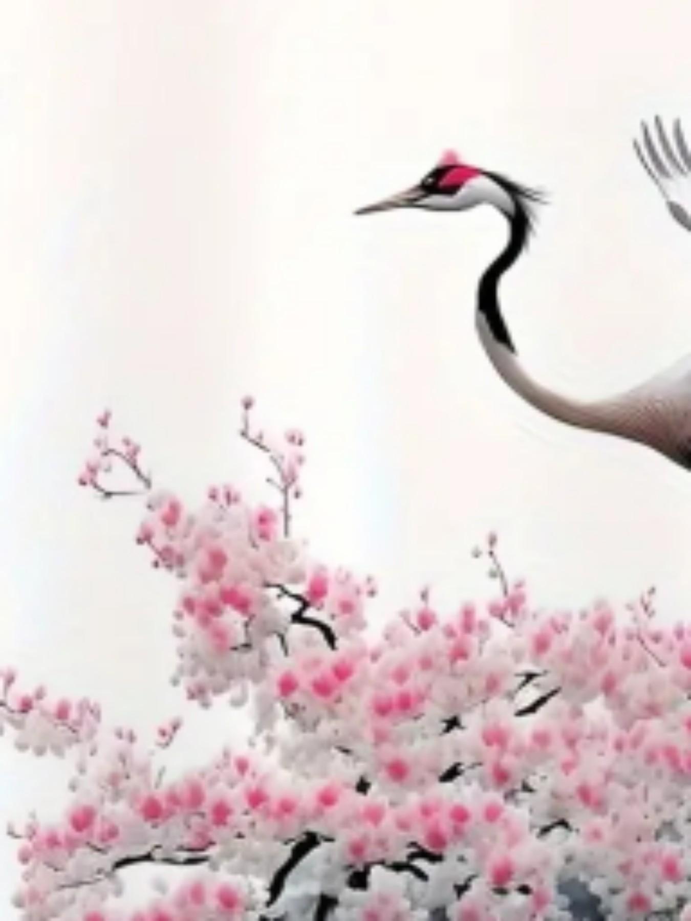 Men's Crane Cherry Blossom Print T-Shirt, Japanese Style Floral Bird Streetwear Round Neck Short Sleeve Top, Sporty Loose Fit