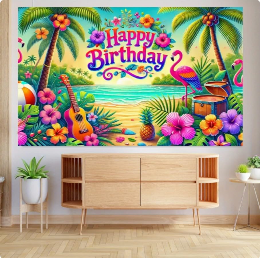 Happy Tropical Birthday, Large Summer Beach Party Banner; Colorful Hawaiian Flamingo Ukulele; Pineapple Hawaiian Party Garden Wall Decor; Indoor Birthday Celebration