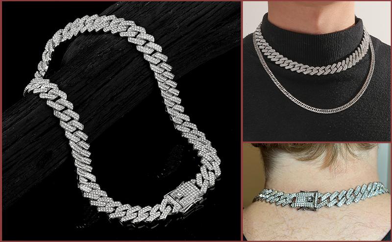 Cuban Link Chain Mens Iced Out Miami Cuban Necklace Silver/Gold Bling Diamond Hip Hop Jewelry for Women