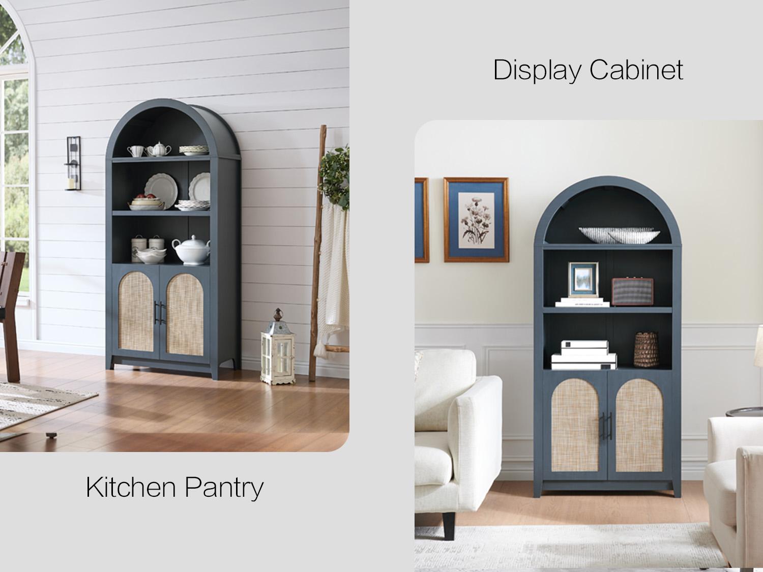 Arched Cabinet Bookshelf Bookcase - 69.3” Tall Mid Century Arched Display Cabinet, Rounded Bookshelf with Rattan Doors, Open Shelf Storage for Dining Room