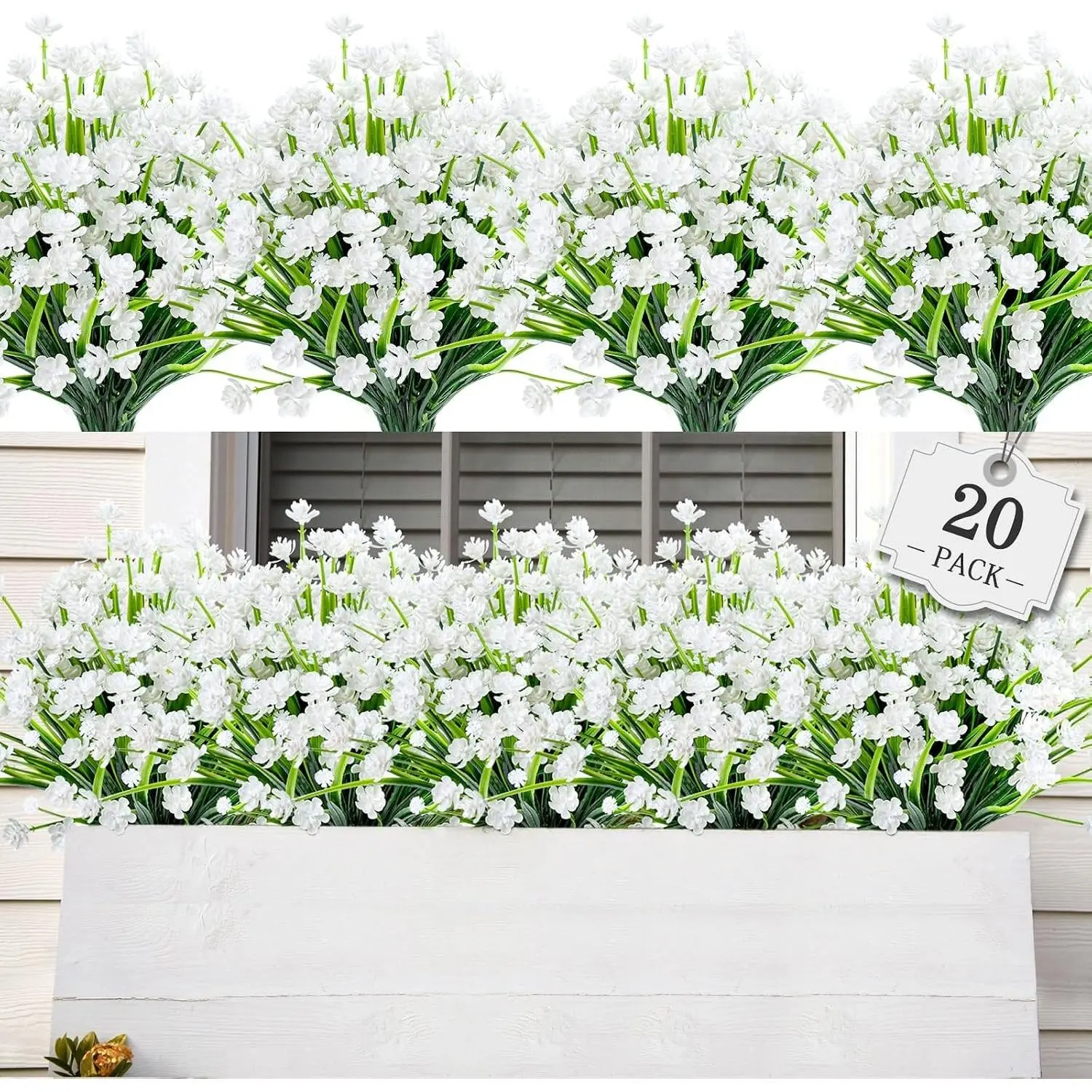 20 Bundles Artificial Flowers for Outdoor Outside Spring Summer Decoration UV Resistant Faux Flowers No Fade Fake Plastic Plants Garden Porch Window Box Decorating (Pure White)