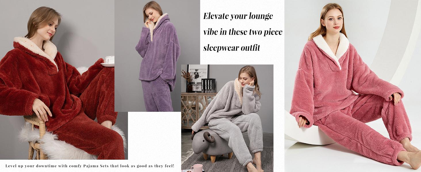 Naeduo Women's Fluzzy Sherpa Fleece Pajamas Warm Pullover Lapel Sleepwear Sets Naeduo Women's Fluzzy Sherpa Fleece Pajamas Warm Pullover Lapel Sleepwear Sets
