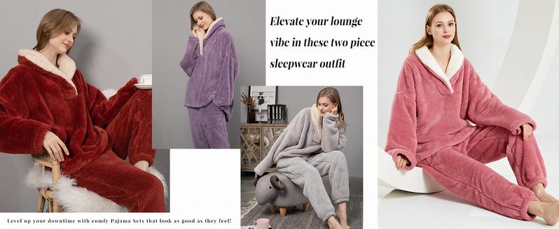 Naeduo  Women's Fluzzy Sherpa Fleece Pajamas Warm Pullover Lapel Sleepwear Sets