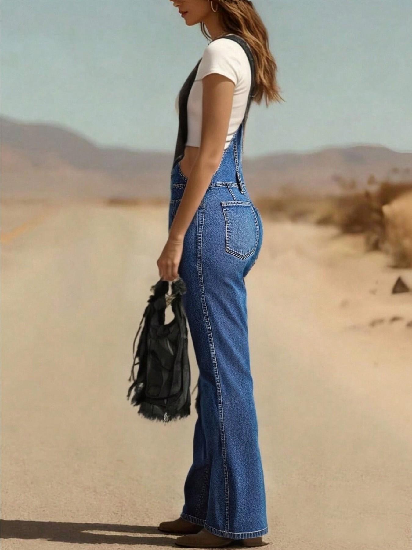 Women's Denim Overall Pants, Adjustable Straps, Pocketed Jumpsuit, Vintage Casual, Elegant Comfort, Street Style, Spring Summer All Seasons