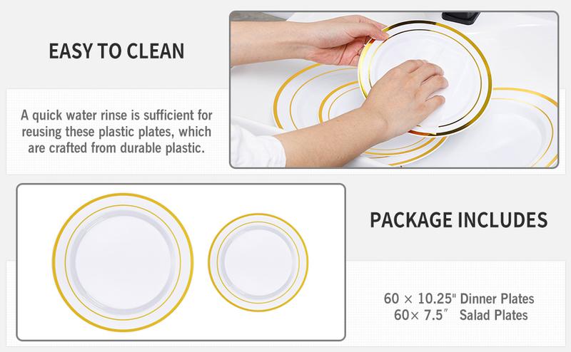 Goodluck 200PCS Gold Plastic Plates Heavy Duty Disposable BPA-Free Thick Plates for Parties Weddings Holidays & More 100 Dinner 100 Salad Dessert Plates Gold-trimmed Elegant Design