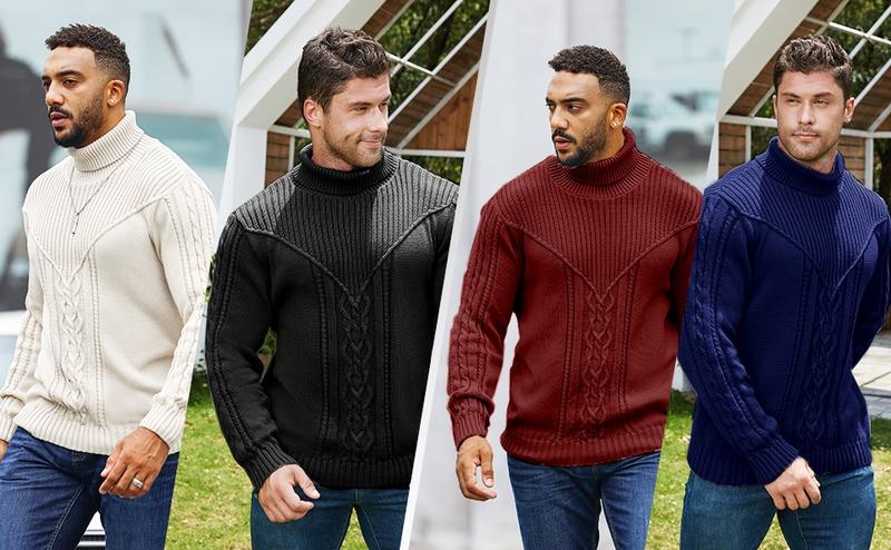 Men's Solid Color Textured Turtle Neck Sweater, Regular Fit Casual Long Sleeve Jumper for Fall & Winter, Men's Knitwear for Daily Wear, Knit Pullover