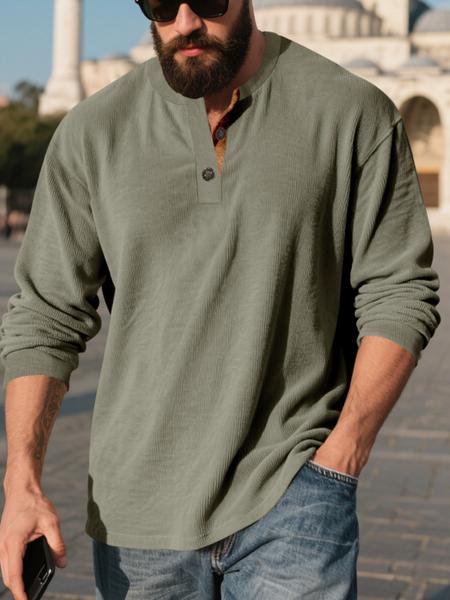 Men's Corduroy Long Sleeve Henley Shirt, Vintage Casual Loose Fit Top, Soft Comfortable Fabric for Spring & Fall Fashion