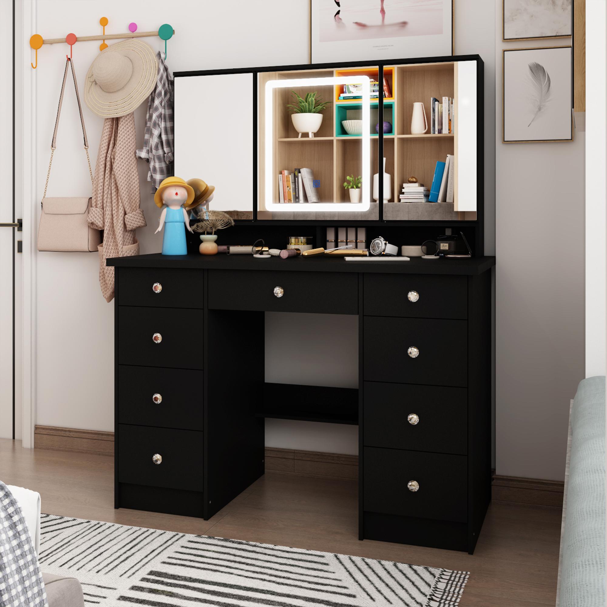 FUFUGAGA-43.3"W Vanity Desk With 9 Drawers, Makeup Desk With 3-Mirror And Touch Screen Light, Dressing Makeup Table For Bedroom