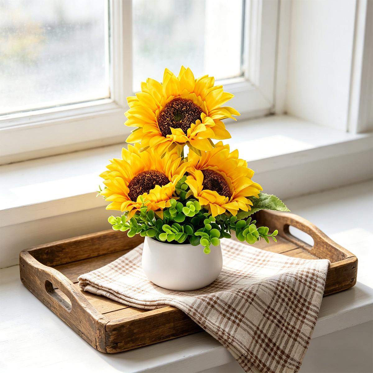 1pc Artificial Sunflower Arrangement in White Pot - Fake Yellow Sunflowers with Eucalyptus Greenery - No Maintenance Tabletop Decor for Home Office - Bright Floral Centerpiece, Housewarming Gift