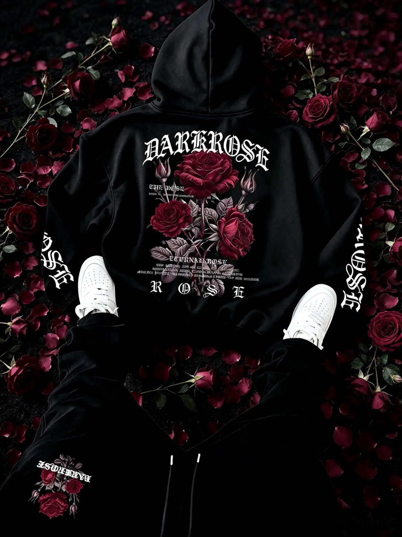 Men's Dark Style Letter Rose Print Hoodie Set, Drawstring Casual Sports Pants, Outdoor Daily Wear, 2-Piece Set, Comfortable and Stylish