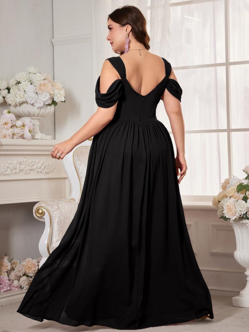 Elegant V Neck Backless Ruched Waist Chiffon Dress, High Slit Bridesmaid Gown, Pure Color Flowy A-Line, Perfect for Weddings Elegant V Neck Backless Ruched Waist Chiffon Dress, High Slit Bridesmaid Gown, Pure Color Flowy A-Line, Perfect for Weddings